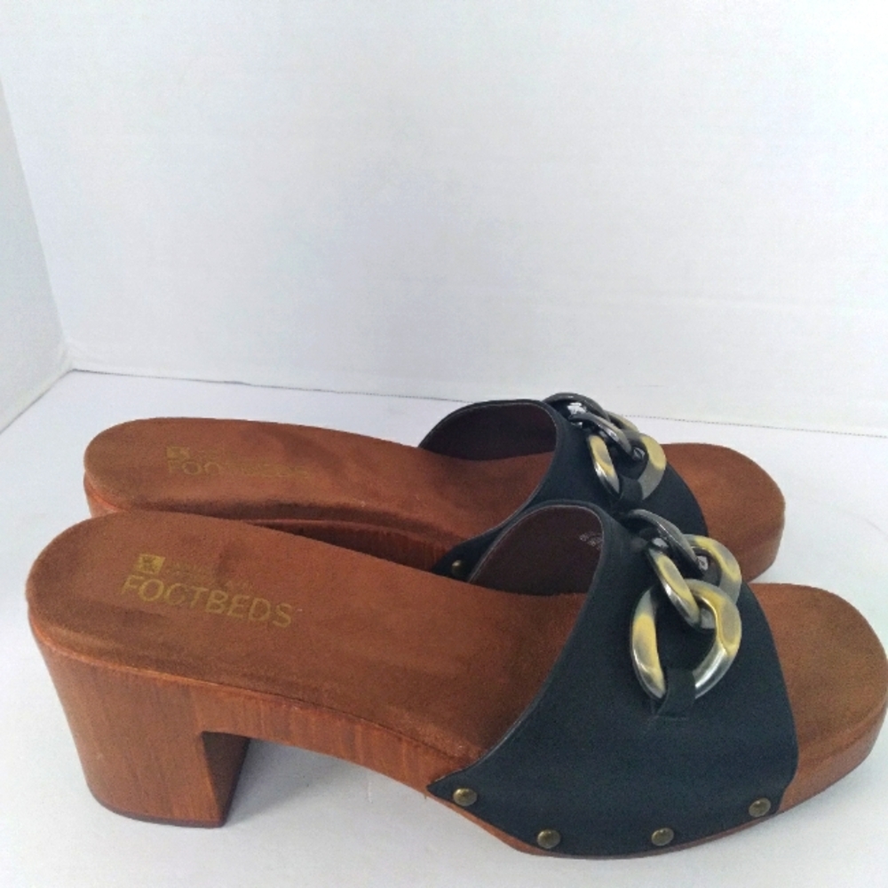Footbeds Black Leather Wooden Heel Clogs with Gold Chain Detail Summer Sandals